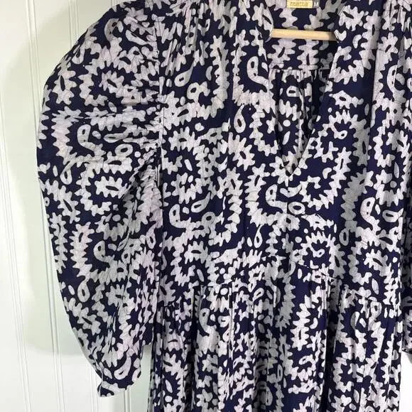 Matta Vayu Dress Batik Nandini Print Blue Maxi Dress M Maxi Puffy Sleeves - Picture 6 of 8